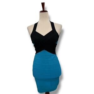 Herve Leger Bandage Dress Size Small Black Cerulean Blue Bodycon Mini Club Y2K